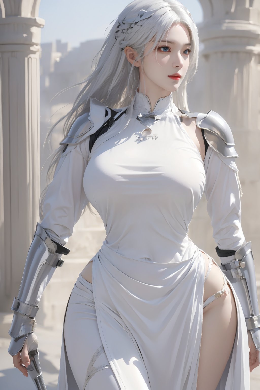 (masterpiece),(best quality),(ultra detailed),realistic,1woman,solo,hips up,closed mouth,armor,accessories,<lora:ntmix:0.7>,white hair,