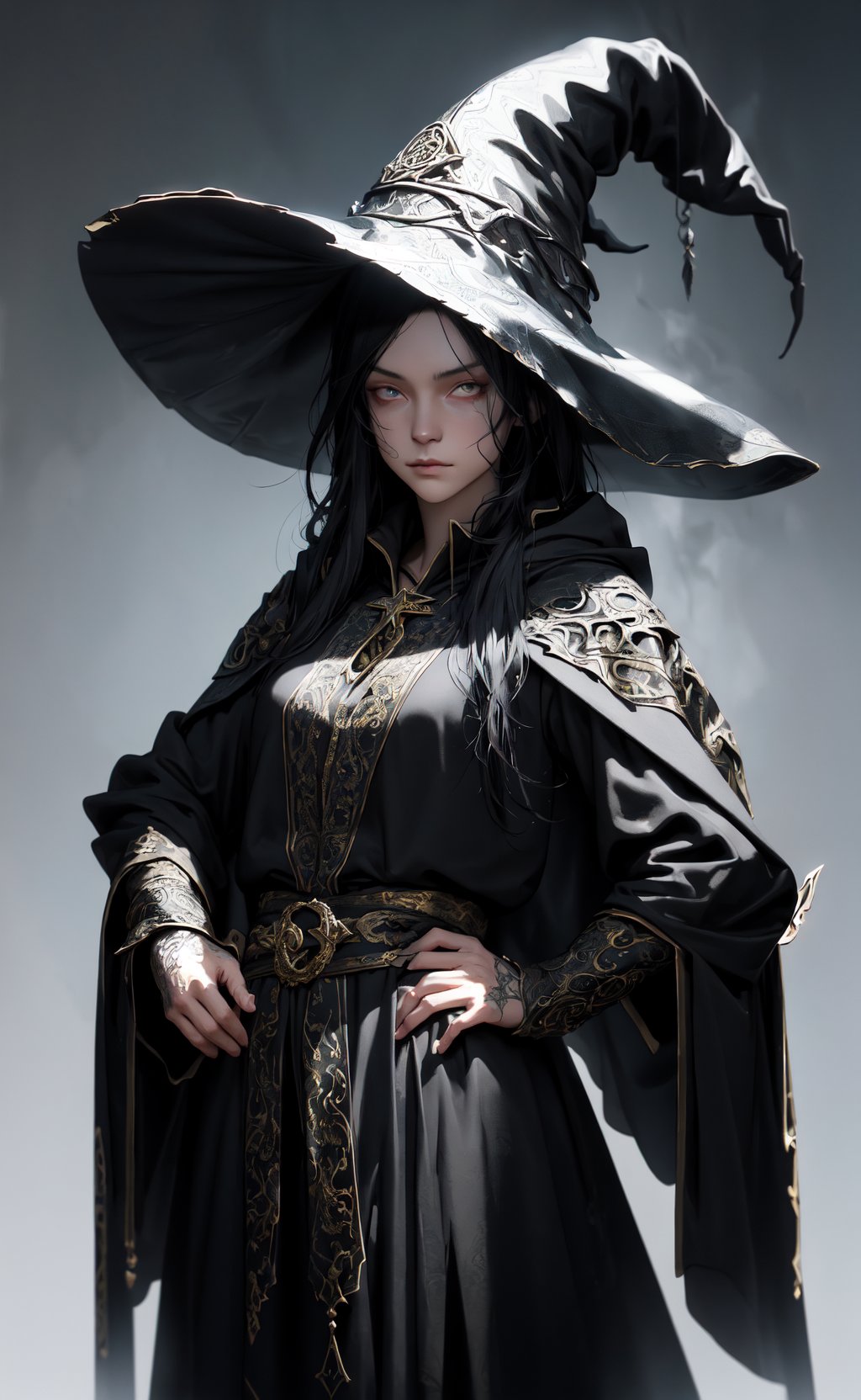 fantasy illustration, oil painting portrait, mischievous sorcerer, hooded cloak, intricate, witch hat, long black hair, androgynous, hand on own hip, looking at viewer, simple background, HDR, rim lighting, volumetric lighting
