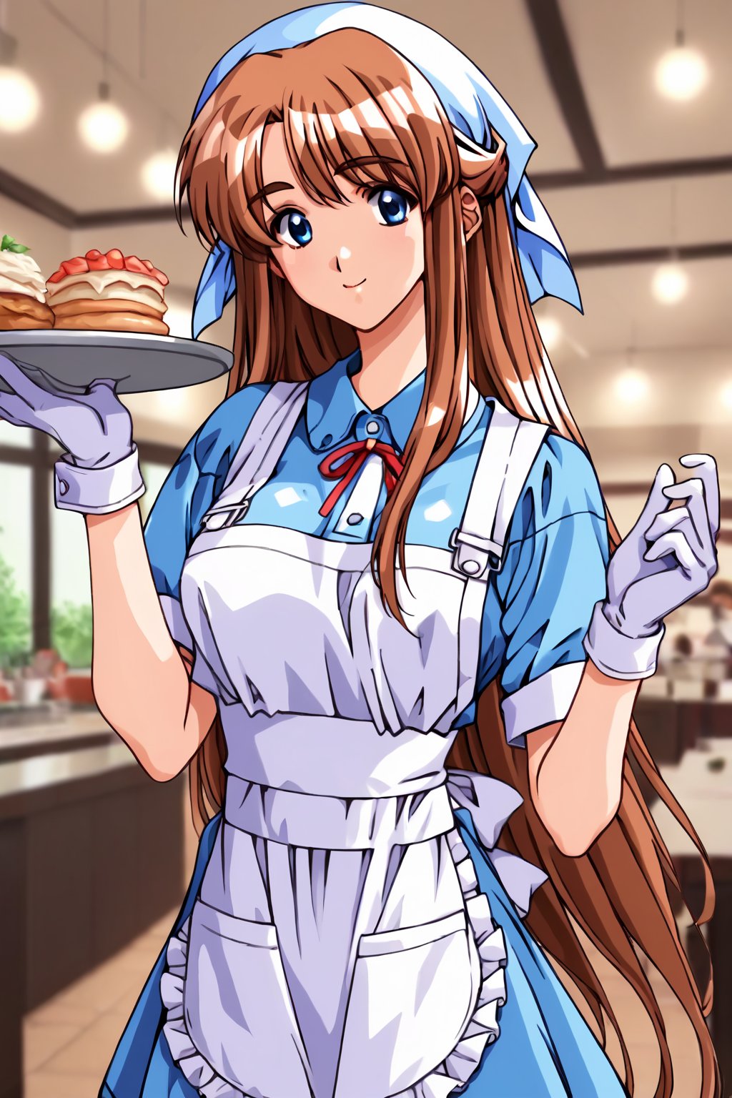 score_9, score_8_up, score_7_up, score_6_up, score_5_up, score_4_up, source_anime, nsfw,kobayakawa mizuho, 1girl, very long hair, blue eyes, brown hair, half updo, solo, smile, apron, blue shirt, blue skirt, frilled apron, frills, gloves, head scarf, shirt, short sleeves, skirt, uniform, waist apron, waitress, white apron, white gloves, food, tray, food tray, indoors, restaurant, looking at viewer, dutch angle, cowboy shot,masterpiece, perfect face, best quality, beautiful girl, blurry background, cute girl, beautiful eyes, shiny eyes, anime coloring, anime screencap, absurdres,  <lora:kobayakawa mizuho hoseki 820 1:0.8>