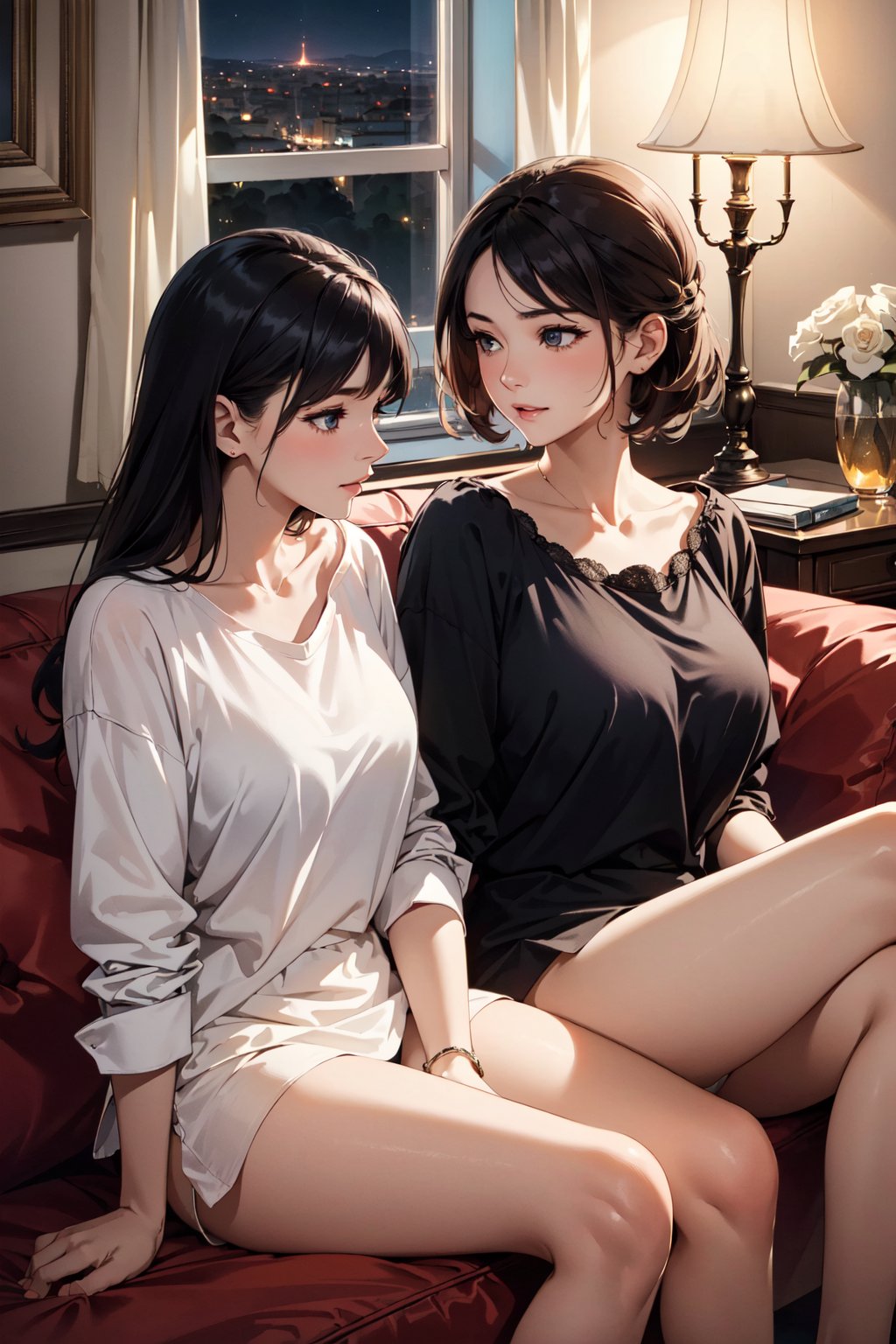 (masterpiece, best quality, hires, high resolution:1.2), (2girls, couple), (mature women), (two women sitting on sofa, relaxing), (lovers, passionate), (oversized shirt), (panties), (dark room, low light, dim light), (at night),