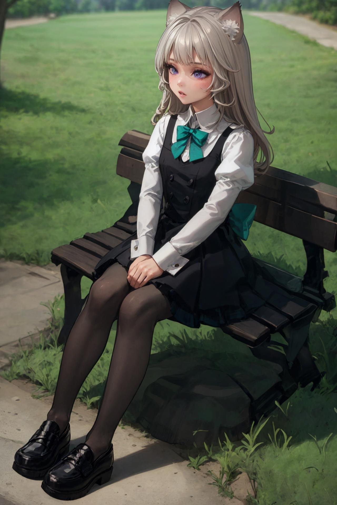 masterpiece, best quality, solo, 1girl, (full body:1.5), parted lips, (sitting on a bench:1.5), (legs crossed:1.5), french town, outdoors, <lora:Genshin_Little_Lynette_v2-000360:0.75>, long hair, long sleeves, black dress, black vest, collared shirt, teal bow, cat ears, parted lips, purple eyes, cat tail, grey hair, grey pantyhose, black loafers, puffy sleeves, bowtie, teal plaid skirt, pleated skirt, black skirt, pov, 