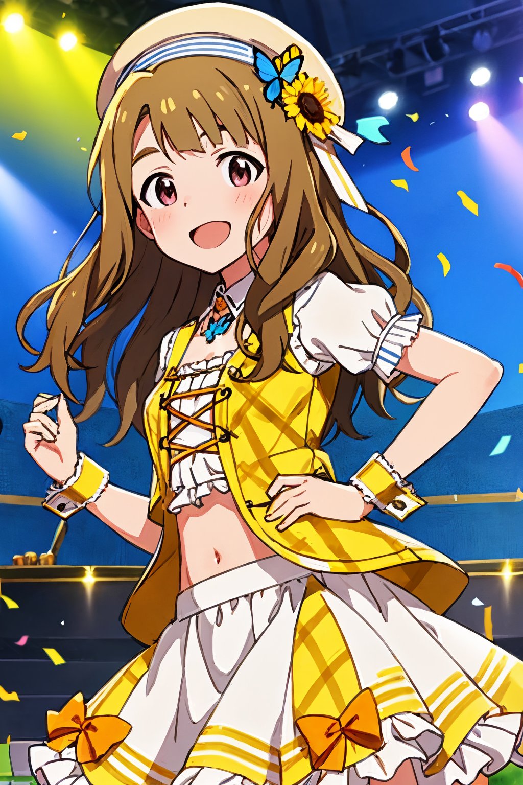 miyao miya, honey-of-butterfly, frills, blush, navel, puffy sleeves, smile, looking at viewer, sunflower, building, stage, stage lights, jewelry, 1girl, open mouth, midriff, confetti, wrist cuffs, solo, puffy short sleeves, hair ornament, detached collar, beret, yellow headwear, butterfly hair ornament, crop top, white collar, yellow jacket, layered skirt, frilled skirt, white skirt, skirt bow, butterfly necklace, hat ribbon, plaid jacket, sunflower hair ornament, orange bow, cross-laced clothes <lora:miyao_miya_locon_v2:0.7>