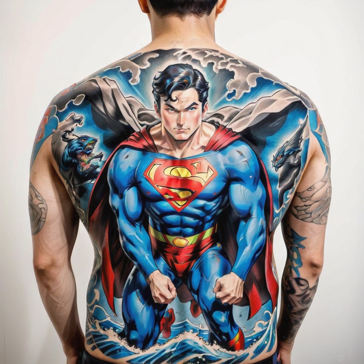 man with a striking tattoo of the ukiyoe style superman, <lora:tattooback:0.5>  ,ultra-detailed,(best quality),((masterpiece)),(highres),original,extremely detailed 8K wallpaper,(an extremely delicate and beautiful)
