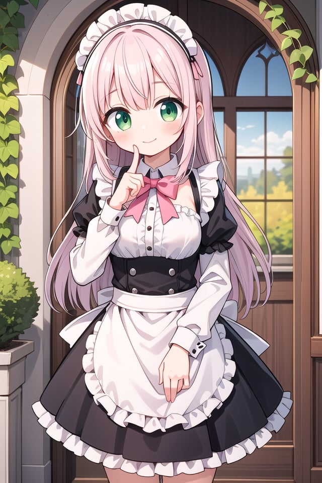 insanely detailed, absurdres, ultra-highres, ultra-detailed, best quality,1girl, solo, nice hands, perfect hands,BREAKapron, blush, bow, bowtie, frilled apron, frills, long sleeves, maid, maid apron, maid headdress, waist apron, white apronBREAKsmile, closed mouthBREAK(finger to mouth, shushing:1.2), index finger raised, cowboy shot, looking at viewer,BREAKslender, kawaii, perfect symmetrical face, ultra cute girl, ultra cute face, ultra detailed eyes, ultra detailed hair, ultra cute, ultra beautiful,BREAKday, flower, ivy, leaf, indoors, open door, plant, potted plant, vines, window,BREAKwhite (pink:1.2) hair, green eyes, long hair, medium breasts, bangs, eyebrows visible through hair,