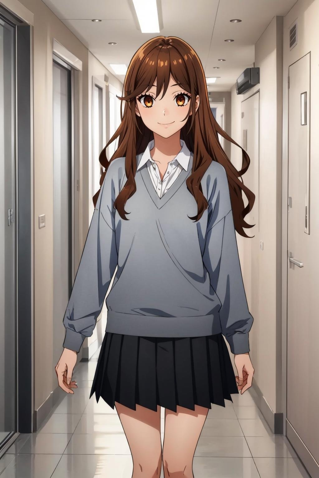 masterpiece, best quality, <lora:kyoukohori-nvwls-v1-000009:0.9> hori kyouko, grey sweater, black pleated skirt, looking at viewer, hallway, standing, smile