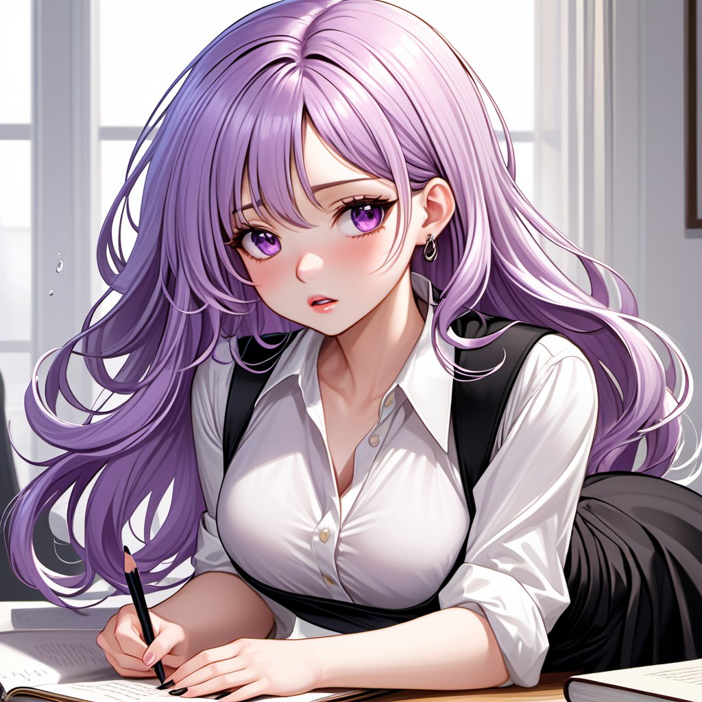 Masterpiece,  high quality, 1 pretty,  lovely girl,  white skin,  light purple hair,  shoulder-length hair,  light curls,  wearing a white shirt and a long black pencil skirt,  (((cry))),  Super Detail,  Full HD