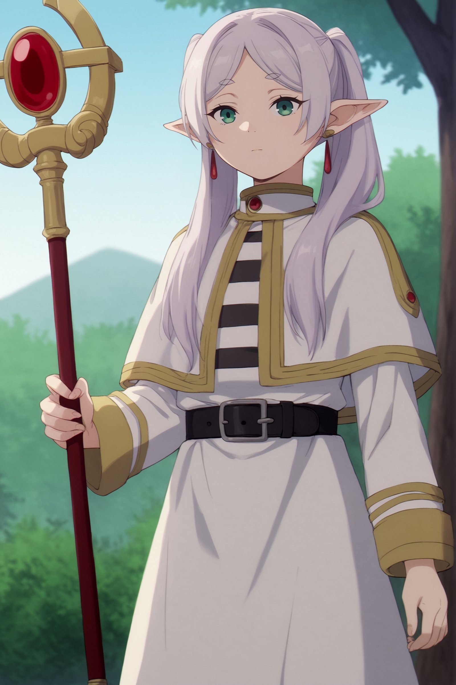 rating_all, score_10, score_8_up, score_7_up,  Frieren, solo, long hair, shirt, long sleeves, holding, closed mouth, jewelry, green eyes, white hair, grey hair, outdoors, sky, pointy ears, belt, striped clothes, parted bangs, tree, capelet, elf, staff, black belt, striped shirt, holding staff, white capelet, dangle earrings, mage staff <lora:Frieren:0.8>