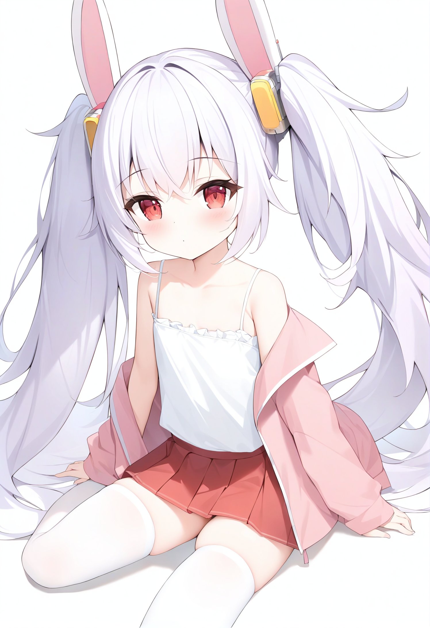 1girl,laffey \(azur lane\),twintails,red eyes,chen bin,jyt,8 year old,white_camisole,fake animal ears,rabbit ears,pink jacket,pleated skirt,red skirt,white thighhighs,off shoulder,masterpiece,best quality,absurdres,