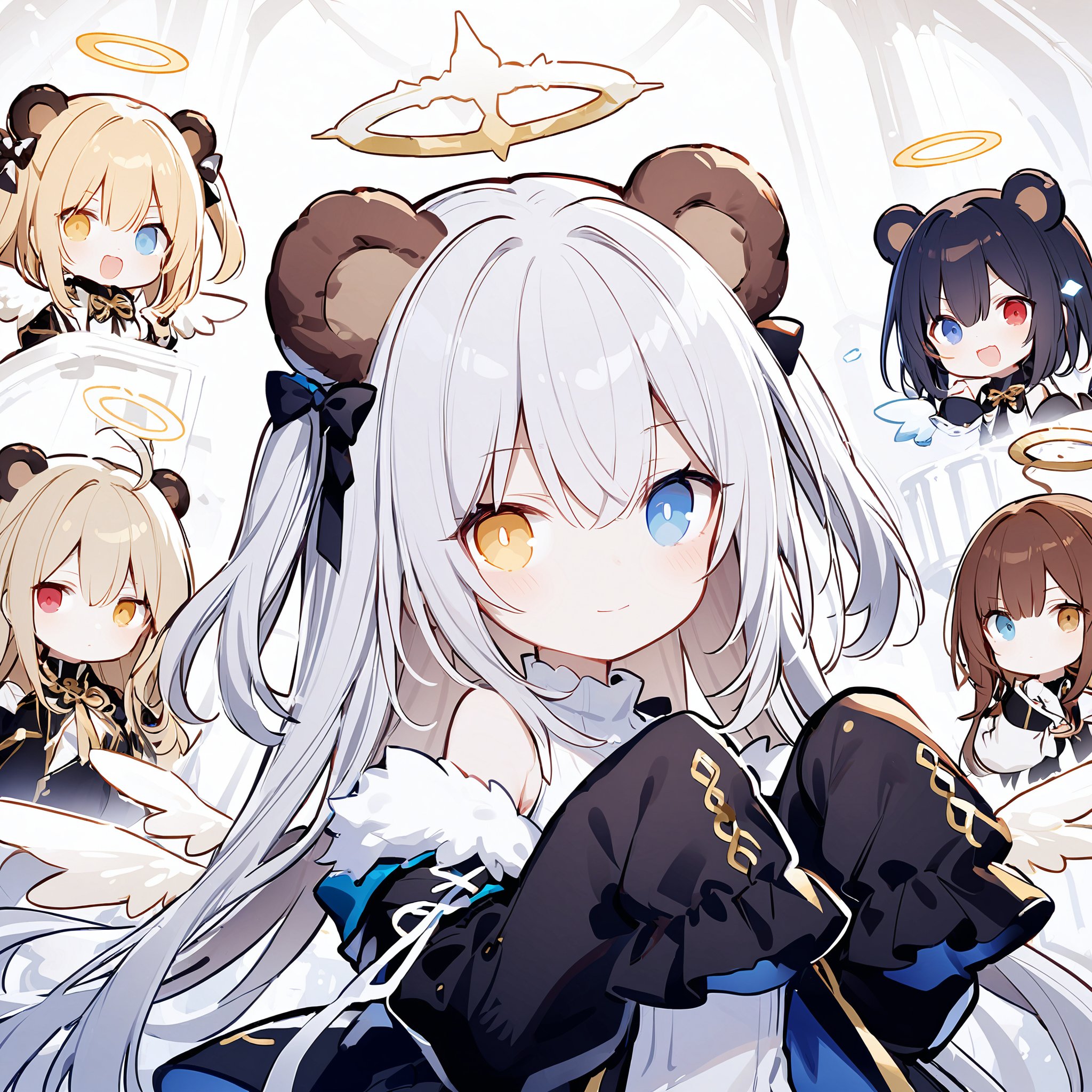 mercury,1girl,Noyu,0,blue eyes,multiple girls,heterochromia,minigirl,bear ears,animal ears,halo,off shoulder,closed mouth,blonde hair,chibi,wings,bangs,detached wings,blush,long hair,hair bow,sleeves past wrists,red eyes,bow,5girls,white hair,black hair,mini wings,hair between eyes,jacket,bare shoulders,brown hair,brown eyes,looking at viewer,long sleeves,puffy sleeves,two side up,sleeveless,white wings,puffy long sleeves,shirt,smile,white shirt,twintails,upper body,sleeves past fingers,cat ears,yellow eyes,hair ornament,angel wings,black jacket,open mouth,open jacket,Cu,