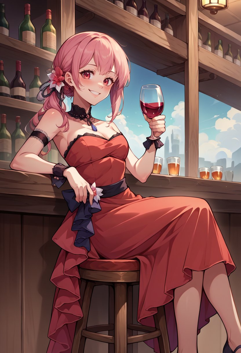 score_9, score_8_up, source_anime, 1girl, solo, MoriDress, side ponytail, hair flower, strapless dress, red dress, detached collar, wrist cuffs, lace armband, holding wine glass, sitting, stool, bar, smile, blush, <lora:CHAR-MoriCalliopePonyXL:1>