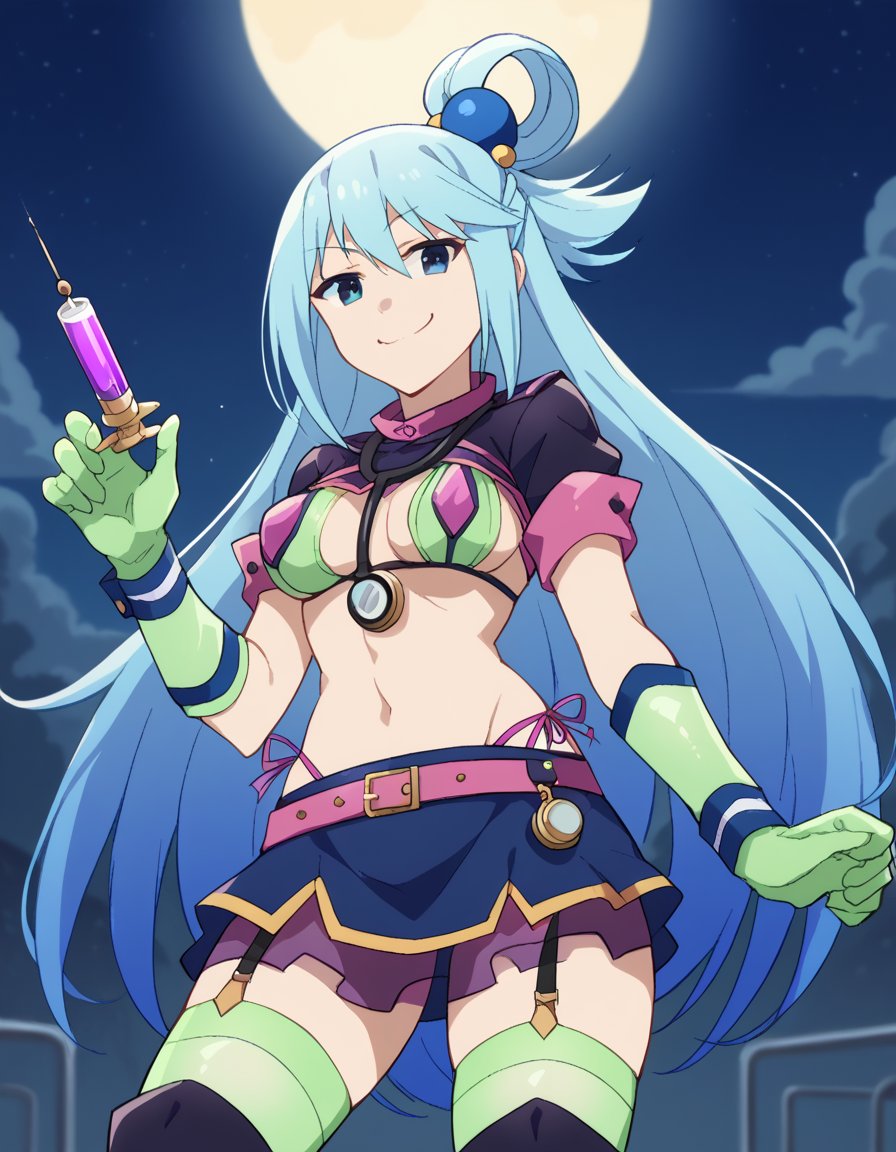 score_9, score_8_up, score_7_up, source_anime, konosubaaqua, <lora:konosuba-aqua-s2-ponyxl-lora-nochekaiser:1>, aqua (konosuba), long hair, blue eyes, hair ornament, very long hair, blue hair, hair rings, single hair ring, hair bobbles,, <lora:florence-nightingale-halloween-costume-ponyxl-lora-nochekaiser:1>, florence nightingale \(trick or treatment\) \(fate\) \(cosplay\), layered bikini, green gloves, green thighhighs, rubber gloves, purple belt, green bikini, syringe, thighhighs under boots, purple bikini, pink belt, nurse cap, stethoscope, microskirt, holding syringe,, hospital, smile, smug, moon, night,, cowboy shot, dutch angle, solo,