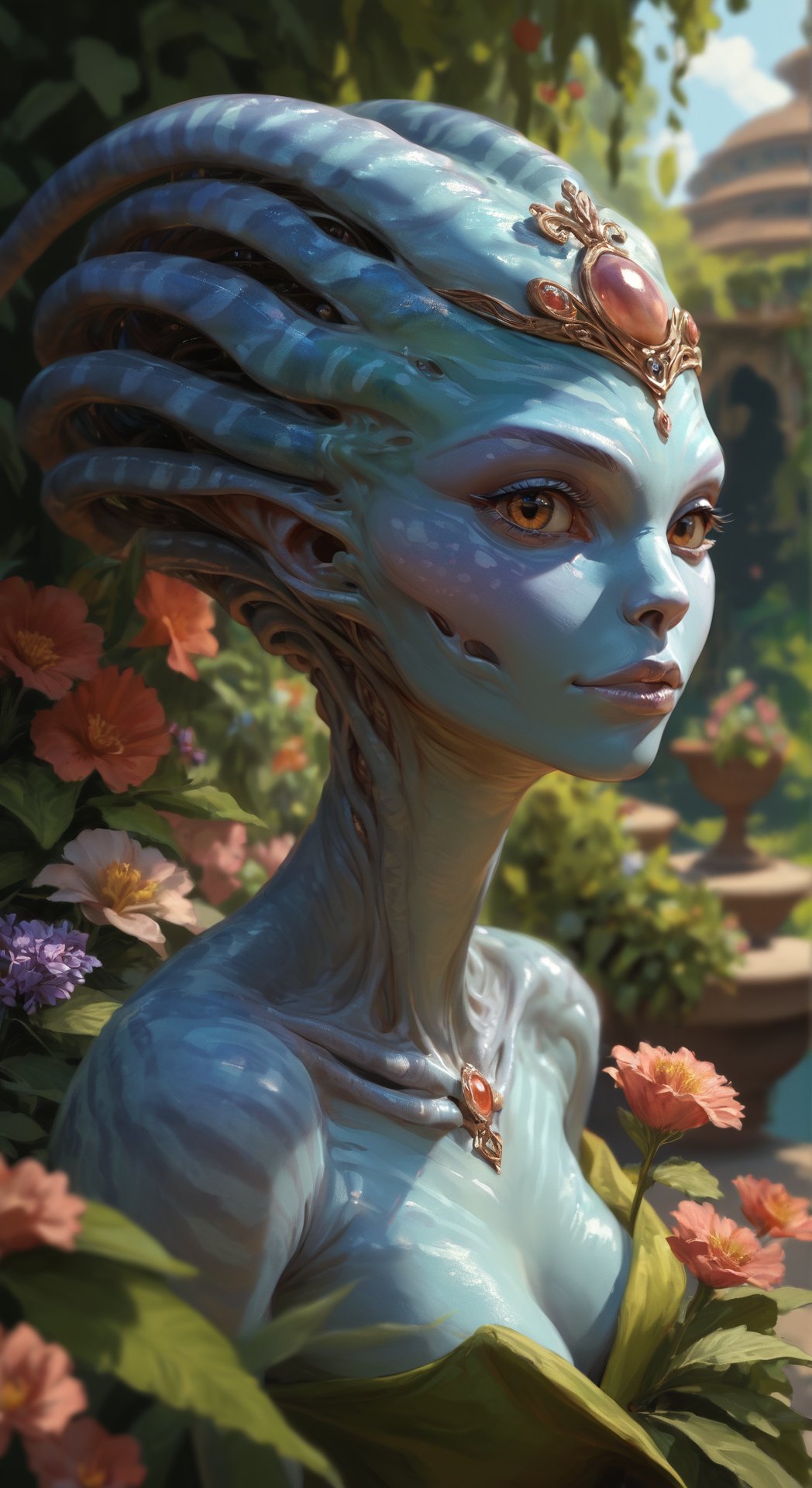 score_9, score_8_up, score_7_up, BREAK, beatiful female creature, garden, intricate, princess, portrait, highly detailed, detailed skin, alien planet, film grain