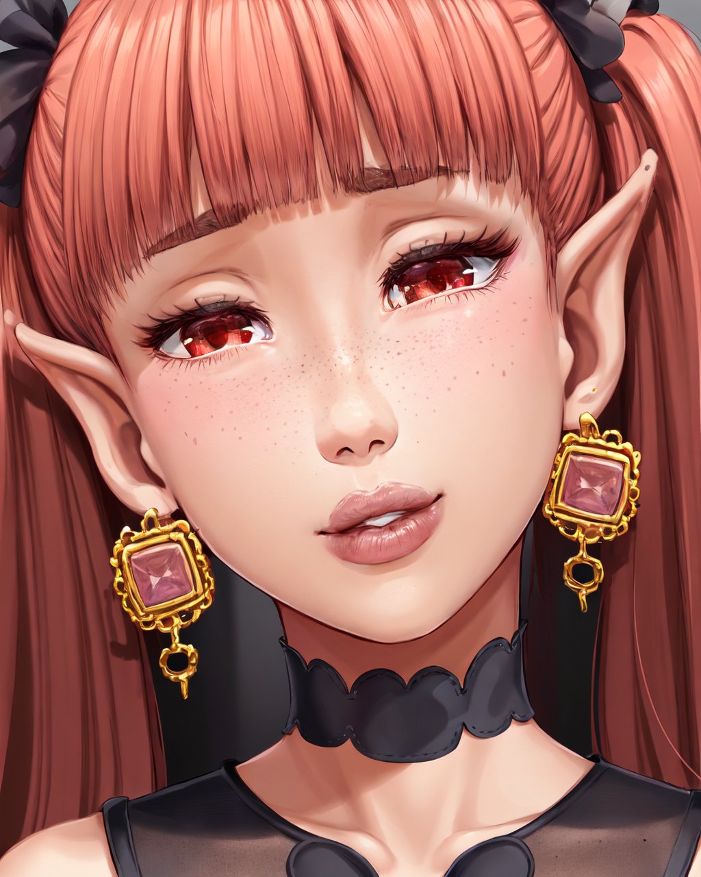 (majalis:1.2), (1boy, kylira:1.1), portrait, femboy, freckles, gem earrings, bangs, jewelry, lips, parted lips, looking at viewer, earrings, eyelashes, black dress, pointy ears, red eyes, red hair, solo, square earrings, twintails  <lora:majalis_style_v2.1:0.7>