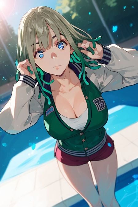 score_9, score_8_up, score_7_up, 1girl, looking at viewer, kuji-in, despair, green hair, dreadlocks, curtain bangs, Sapphire eyes, large breasts, light brown letterman jacket, glitter particles, poolside, wide angle <lora:pako_(pakosun)_PonyXL_style_v01:1>