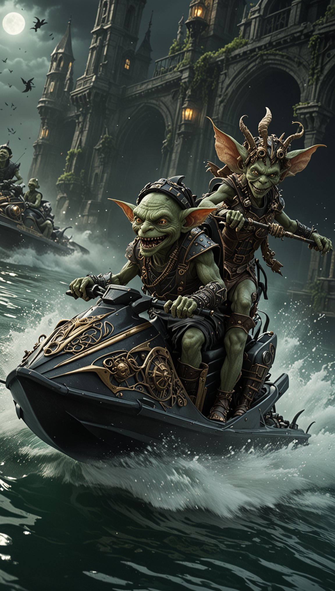 Steampunk Goblins Driving  a Jetski, Goblin Jetski, laughing, infused with elements of mysticism, fantasy, or gothic, glowing flora, (Nocturnal creatures), magical phenomena, or eerie, dark settings typical of Goblins, (Use Dream Diffusion Secret Prompt), UHD