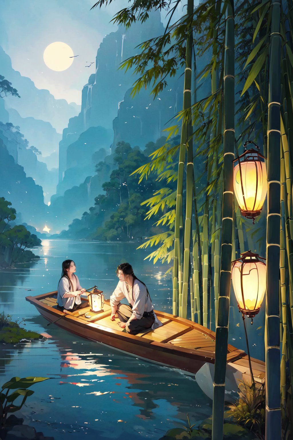 (masterpiece:1.2),best quality,PIXIV,Hanama wine,boat,nature,watercraft,forest,bamboo,lantern,scenery,water,sitting,bamboo forest,outdoors,tree,multiple boys,night,black hair,2boys,long hair,1girl,<lora:Hanama wine V2-000018:0.8>,