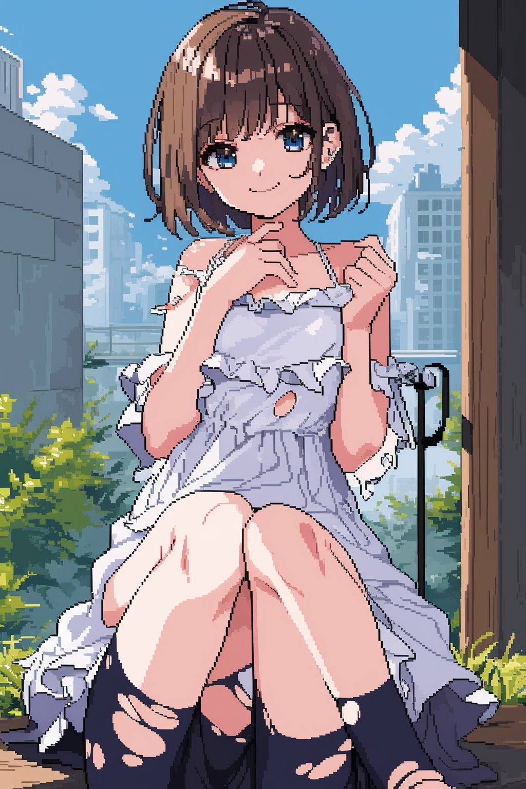 masterpiece, best quality,pixel art,smile,closed mouth,alternate hairstyle,knees to chest,building,short dress,crossed bangs,torn legwear