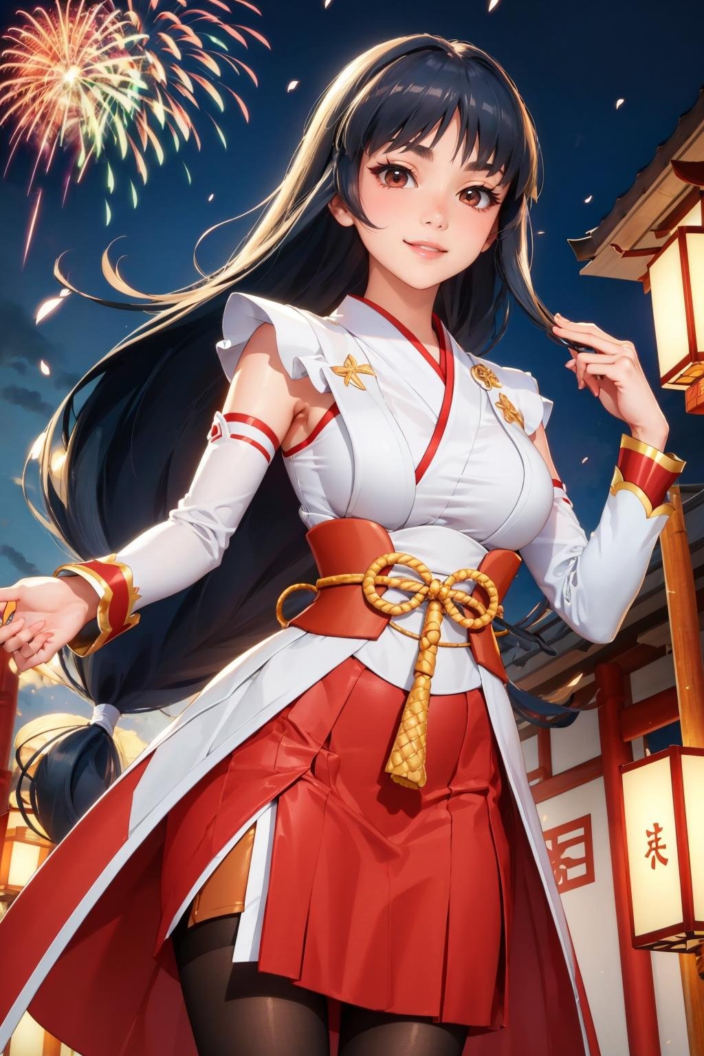 masterpiece, best quality, <lora:sabrina-nvwls-v1-000009:0.9> nysabrina, low-tied long hair, blunt bangs, japanese clothes, red skirt, sash, detached sleeves, pantyhose, large breasts, cowboy shot, fireworks, japanese architecture, smile, cherry blossoms