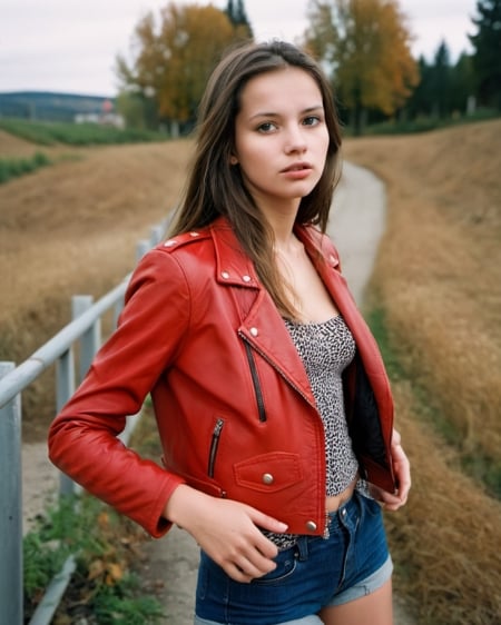 young woman in red leather jacketportra 400 film, remarkable color, ultra realistic