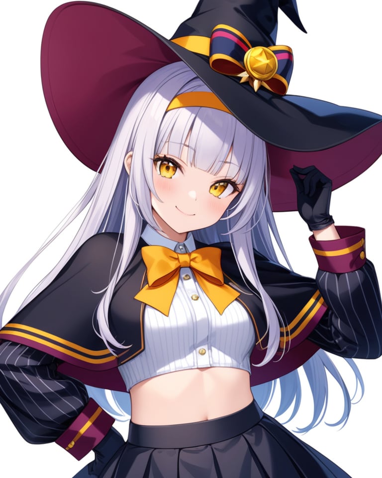 (best quality), ((masterpiece)), (highres), illustration, original, extremely detailed,1girl, solo, murasaki shion, navel, long hair, witch hat, hat, virtual youtuber, striped shirt, single side bun, midriff, hair bun, striped, gloves, vertical-striped shirt, bangs, looking at viewer, long sleeves, shirt, grey hair, smile, blunt bangs, cropped shirt, pinstripe pattern, vertical stripes, pinstripe shirt, capelet, simple background, stomach, black gloves, white background, black headwear, blush, hand on hip, smug, yellow eyes, hairband, single hair bun, crop top, black skirt, closed mouth, black capelet, skirt, hair ornament, breasts, bow, upper body, bowtie