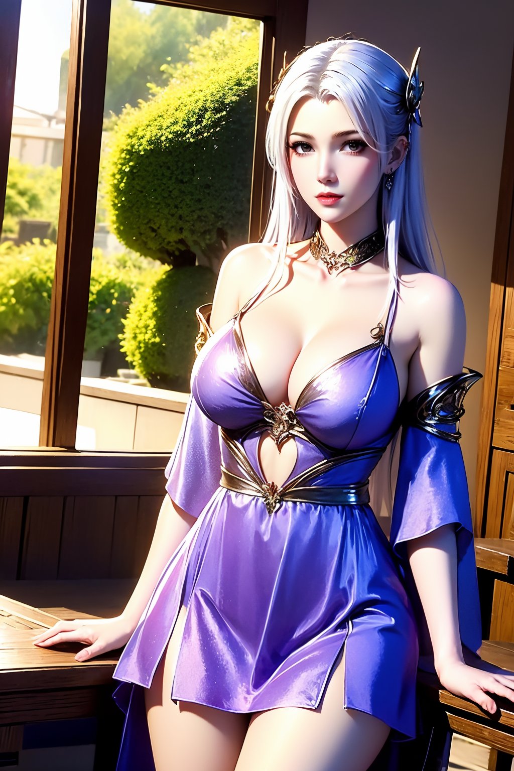 1girl, breasts, solo, dress, long hair, looking at viewer, large breasts, cleavage, white hair, plant, purple dress, potted plant, bare shoulders, indoors, jewelry, red lips, window, pantyhose, realistic, grey eyes, detached sleeves, table, earrings, collarbone, hair ornament, thighs, standing, closed mouth, lips, artist name