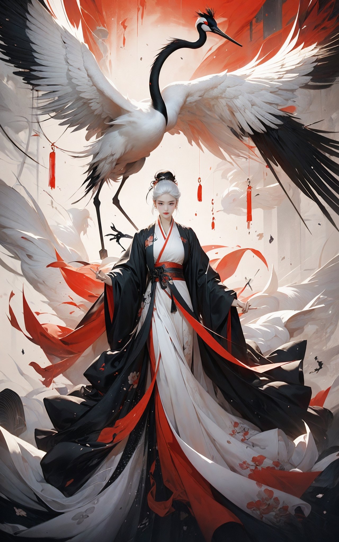 Ink painting, ink painting, splash-ink, ink splash, calligraphy, Chinese characters, Chinese character background，Red crowned crane，1girl，White hair, Hanfu,A shot with tension，(sky glows red,Visual impact,giving the poster a dynamic and visually striking appearance:1.2),Chinese Zen style,impactful picture,<lora:绪儿-鹤 Red crowned crane:0.8>