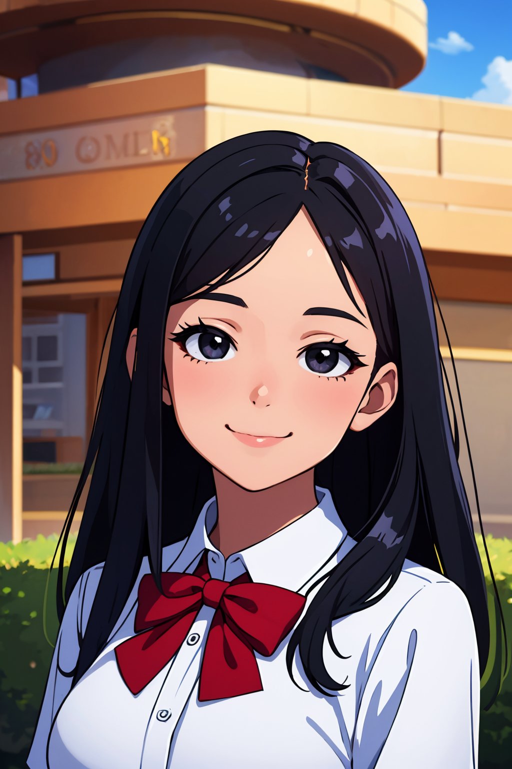 (best quality:1.4),(masterpiece:1.4),(8K:1.4),(extremely detailed:1.4),1girl,solo,long hair,shirt,looking at viewer,white shirt,collared shirt,black eyes,smile,bow,red bow,closed mouth,portrait,black hair,bowtie,black bowtie,upper body,cloud,sky,shiny,shiny skin,