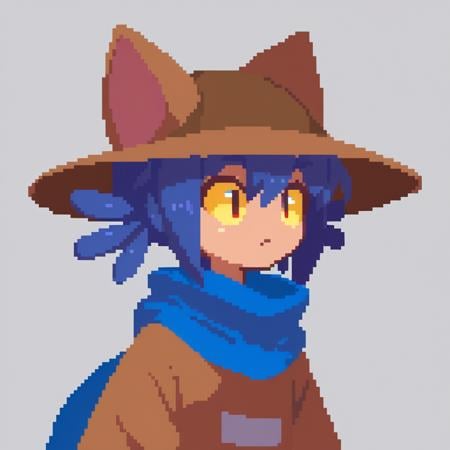 1girl,solo,cniko,blue hair,short hair,hair between eyes,whiskers,cat hat,yellow sclera,brown eyes,slit pupils,blue scarf,brown dress,<lora:last:1>,black background,simple background,close-up,portrait,looking to the side,<lora:sakuemonq:1>,, score_9, score_8_up, score_7_up, perfect anatomy, source_anime, zPDXL2,