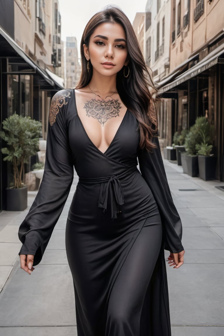 Generate hyper realistic image of a woman embracing the glamorous style of a digital influencer, Ivi a woman in a abaya is walking down a sidewalk, covered nipples, petite body, arm arm tattoo, skinny, sexy, teasing  <lora:SDXL Detail:1>  <lora:Ivi-000007:0.7>