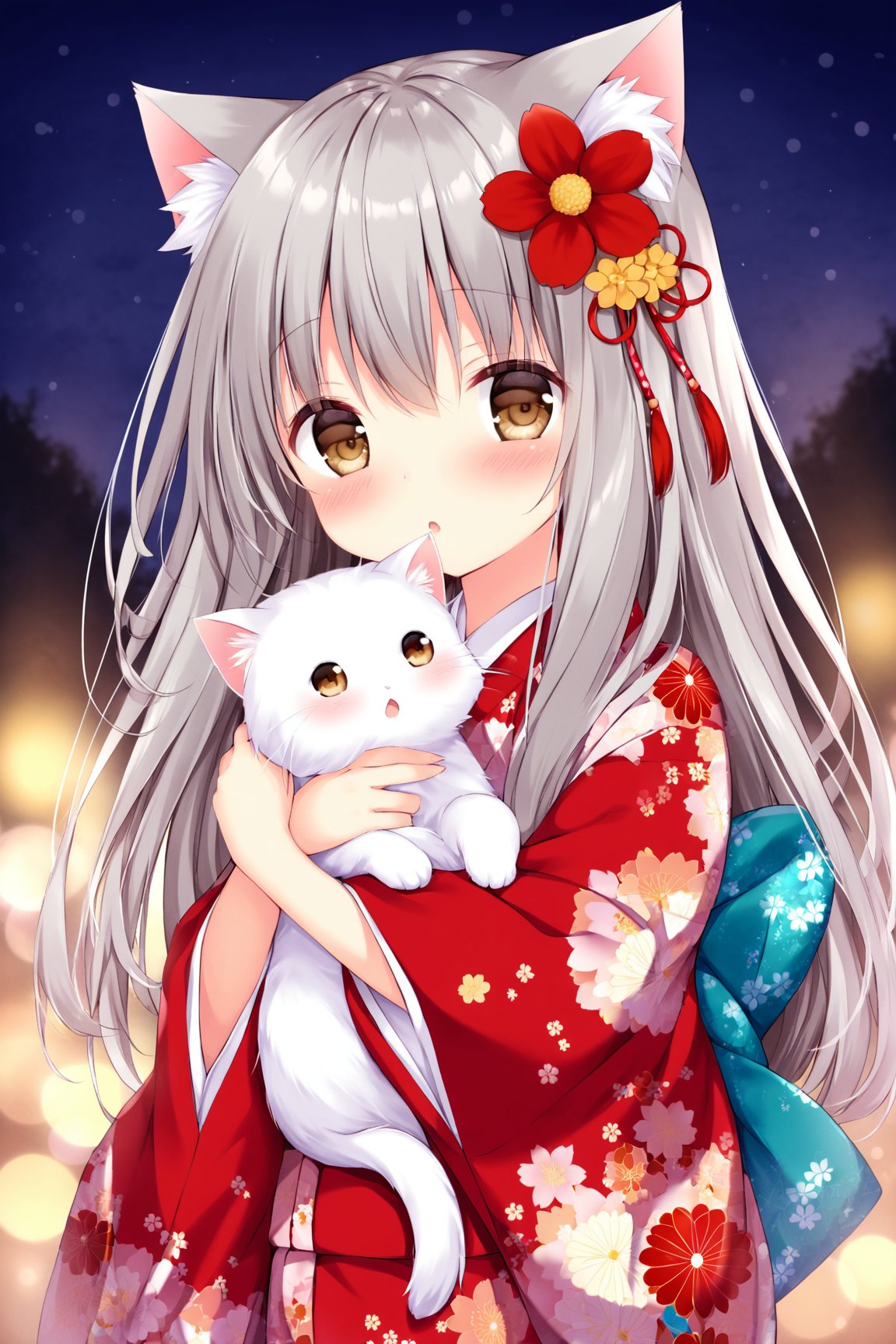 masterpiece,best quality,1girl,loli,japanese clothes,kimono,animal ears,animal,long hair,flower,hair ornament,red kimono,hair flower,animal ear fluff,blush,looking at viewer,floral print,bangs,long sleeves,solo,upper body,print kimono,parted lips,hair between eyes,cat ears,cat,brown eyes,red flower,:o,animal hug,night,holding animal,grey hair,wide sleeves,blurry background,cowboy_shot,<lora:Qnai1.4-000015:0.5>,