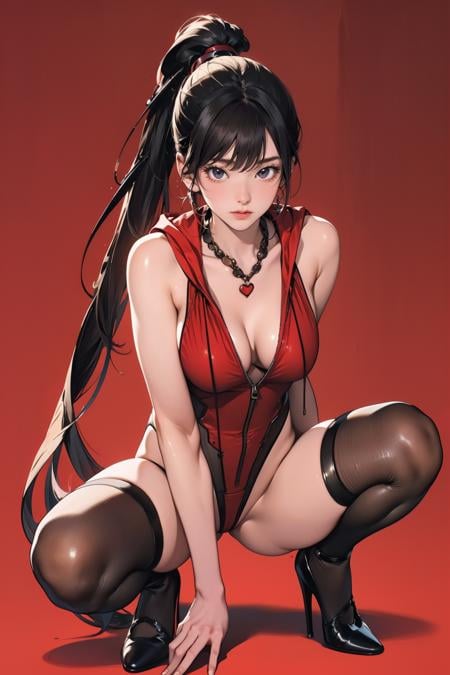 1girl,solo,red background,spread legs,squatting cowgirl position,full body,very long hair,high ponytail,,ruanyi0613,bare shoulders,thighhighs,red one-piece swimsuit,unzipped,necklace,plunging neckline,hood,black panties,jewelry,heart,<lora:0613 Stellar Blade (red swimsuit)_v1:1>, best quality,masterpiece,highres,official art,extremely detailed cg unity 8k wallpaper