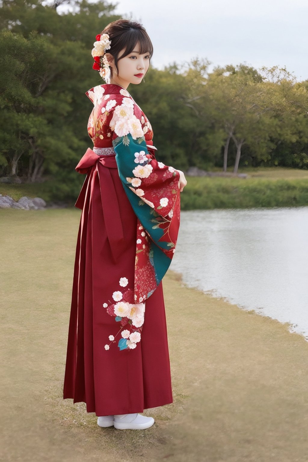 hakama skirt, 1girl, solo, full body, from behind, outdoor, cute japanese model girl, floral print, hair ornament, kimono, hakama, bangs, masterpiece, best quality, realistic