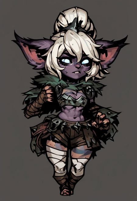 score_9, score_8_up, score_7_up, 1girl, solo,  <lora:Yordle__League_of_Legends:1>, Yordle, short stature, big pointed ears, black fur, white eyes, white hair, barbarian, bandages on the chest, white stockings, fur on the neck