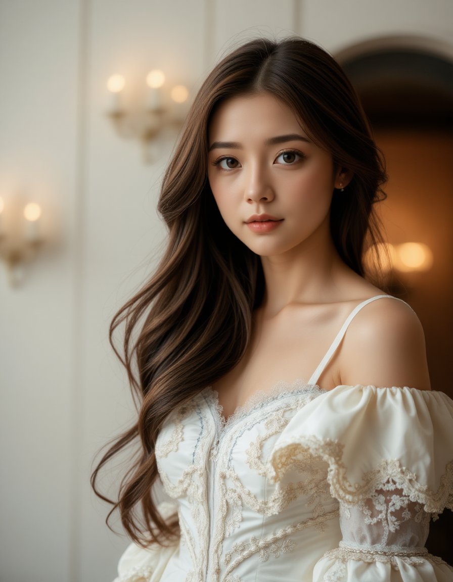 A best quality, masterpiece, ultra sharp photographic, raw photo of a girl dressed in an ornate white off-shoulder Rococo gown, embodying the elegance of 19th-century fashion. Her long brown hair flows gracefully over her shoulders, framing her shy face as she looks directly at the camera with a gentle, demure expression. The photo captures her at eye level, highlighting her delicate features and the subtle hint of cleavage visible through the intricate detailing of her gown. The setting is simple, with a clean background that keeps the focus on her. The shot is taken from a middle distance using a long-range lens, creating a professional cinematic feel with soft shadows and a subtle bokeh effect that blurs the background beautifully. Far side key lighting casts a soft, even glow on her, enhancing the balanced contrast and exposure, making every detail of her outfit and expression stand out. The overall composition exudes a timeless elegance, with the photograph perfectly capturing the blend of historical style and modern photography techniques,  <lora:hinaFluxAsianMixLora-schnell_v2:0.9>