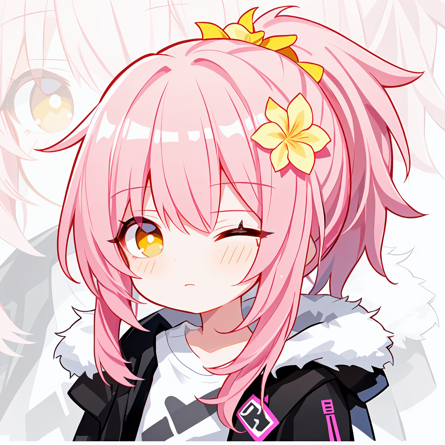 <lora:QuAn:0.5>,close-up,face focus,1petite loli,pink hair,long pink hair,(yellow eyes),portrait,fur-trimmed jacket,hair flower,fipped hair,high ponytail,loose over_sized Casual T-shirt,white shirt,hoodie coat,one-eye_closed,chibi,surrealistic,