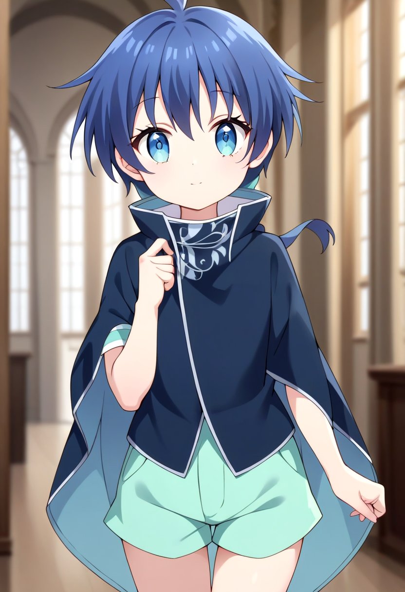 score_9, score_8_up, score_7_up, score_6_up, score_5_up, score_4_up, source_anime,  BREAK <lora:lloyd-pony_epoch_18:0.7>one small boy,lloyd ,vest, green shorts ,blurry,dark blue cloak,looking at viewer,male, male focus,  blue hair,inside, corridors, petite, vivid colors, petite, cute, young,masterpiece, high quality, very_high_resolution, large_filesize, full color,