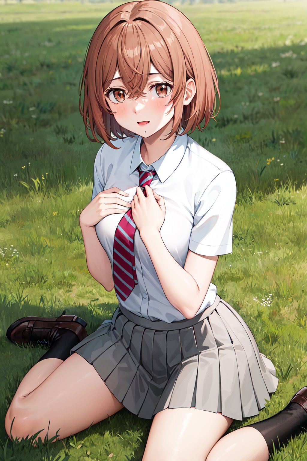 masterpiece, best quality, highres, 1girl, solo, short hair, brown hair, brown eyes, mole, striped necktie, collared shirt, white shirt, short sleeves, pleated skirt, grey skirt, <lora:tachibana_hinata_v1:0.7>, wariza, hand on own chest, sitting, field, grass