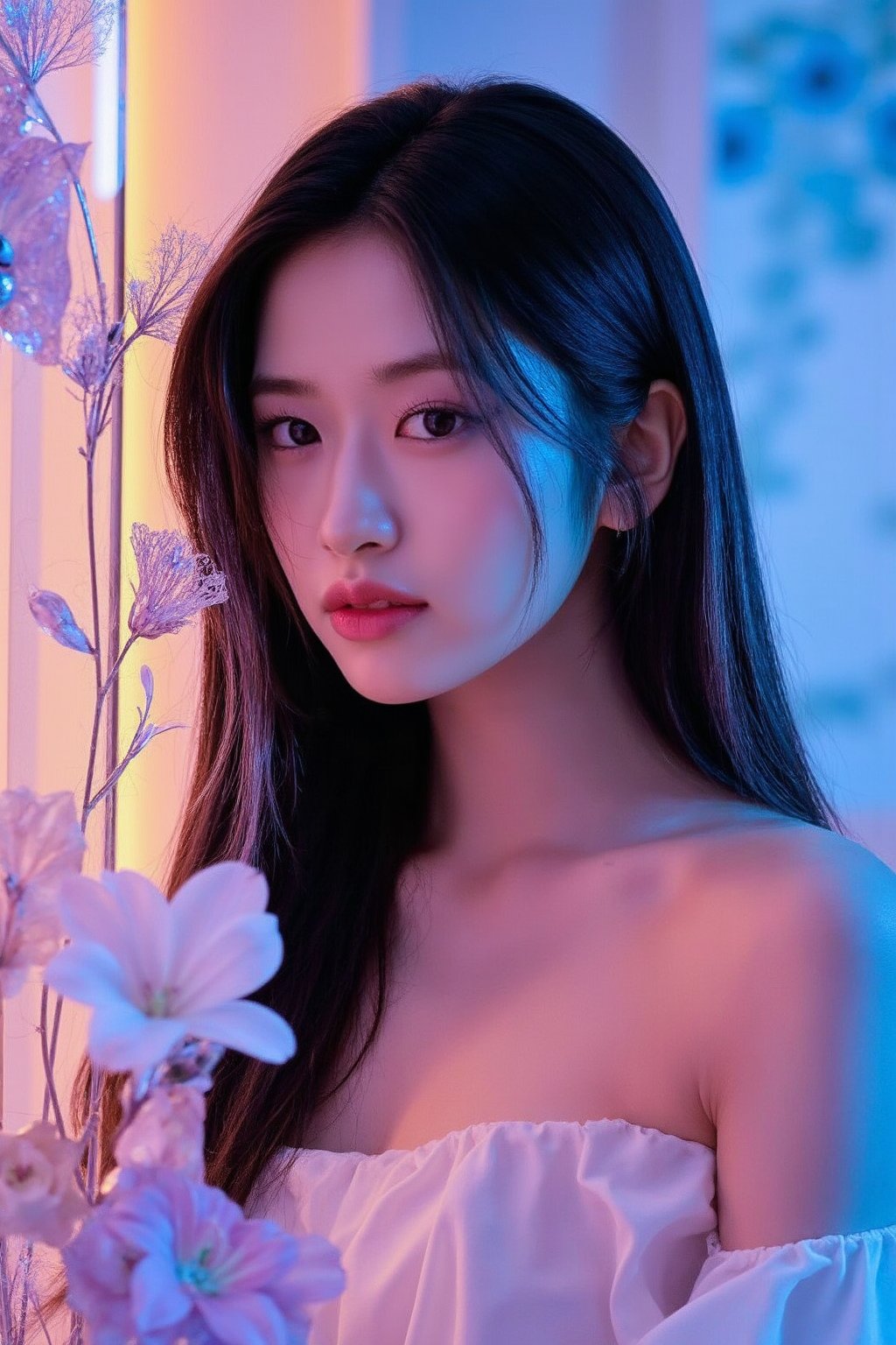 a young korean woman with a captivating and futuristic aesthetic. she has long, straight hair with a striking combination of black and silver streaks, (right eye covered by hair), one visible eye is emphasized with bold, dramatic makeup, contributing to a powerful and intense expression.The person is dressed in a light, off-the-shoulder top that reveals one shoulder, adding to their sleek and modern look.The background is a blend of warm, glowing colors—primarily blue and purples—with abstract, metallic, phoenix-like forms intertwined with organic elements such as flowers and leaves.  The lighting casts a glow over her face, further enhancing the ethereal and mystical atmosphere,<lora:flux_realism_lora:1>, <lora:makinaflux_ahnyujin_v1.0:1>,