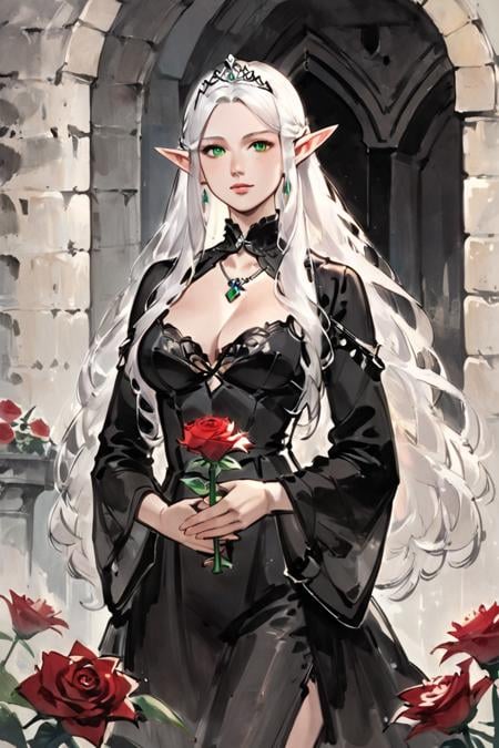 score_9, score_8_up, score_7_up, rating_safe, 1girl, solo, elf, pointy ears, breasts, long hair, very long hair, white hair, green eyes, portrait, looking at viewer, black dress, tiara, silver tiara, holding, holding flower, rose, red rose, necklace, jewelry, cowboy shot, standing, outdoors, castle <lora:Ink Style LoRA XL:0.8>