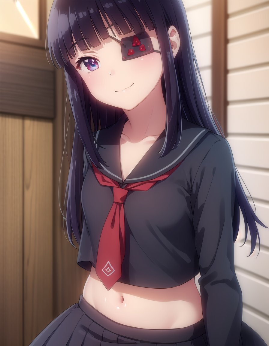 skmirai, <lora:sk mirai s1-lora-nochekaiser:1>,mirai, long hair, black hair, (red eyes:1.3), (eyepatch:1.5), bangs, blunt bangs,BREAK skirt, shirt, long sleeves, navel, school uniform, pantyhose, pleated skirt, necktie, serafuku, midriff, black skirt, sailor collar, black shirt, black sailor collar, (black serafuku:1.2),BREAK indoors, classroom,BREAK looking at viewer, (cowboy shot:1.5), smile,BREAK <lyco:GoodHands-beta2:1>, (masterpiece:1.2), best quality, high resolution, unity 8k wallpaper, (illustration:0.8), (beautiful detailed eyes:1.6), extremely detailed face, perfect lighting, extremely detailed CG, (perfect hands, perfect anatomy),