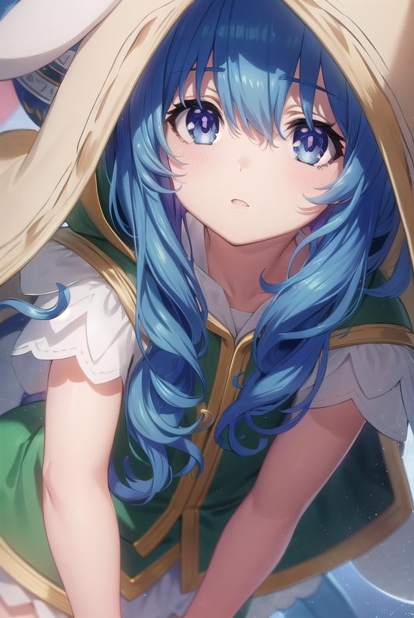 dalyoshino, <lora:dal yoshino s2-lora-nochekaiser:1>,yoshino astral dress, long hair, blue eyes, ribbon, animal ears, hair between eyes, blue hair, hood, rabbit ears, coat, hood up, animal hood, rabbit hood, green coat,BREAK ,BREAK outdoors, city, sky, clouds, buildings, sun,BREAK looking at viewer, (cowboy shot:1.5),BREAK <lyco:GoodHands-beta2:1>, (masterpiece:1.2), best quality, high resolution, unity 8k wallpaper, (illustration:0.8), (beautiful detailed eyes:1.6), extremely detailed face, perfect lighting, extremely detailed CG, (perfect hands, perfect anatomy),