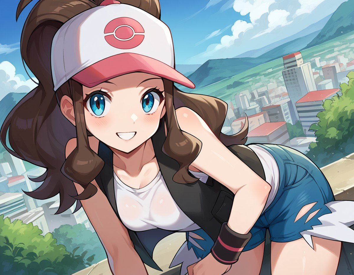 score_9, score_8_up, score_7_up, source_anime,pokemonhilda, <lora:pokemon-hilda-ponyxl-lora-nochekaiser:1>pokemonhilda, blue eyes, brown hair, long hair, ponytail, smile,baseball cap, blue shorts, denim, hat, shorts, vest, wristband, sleeveless, black vest, white shirt, shirt,outdoors, cityscape, bent over,looking at viewer, dutch angle, cowboy shot,