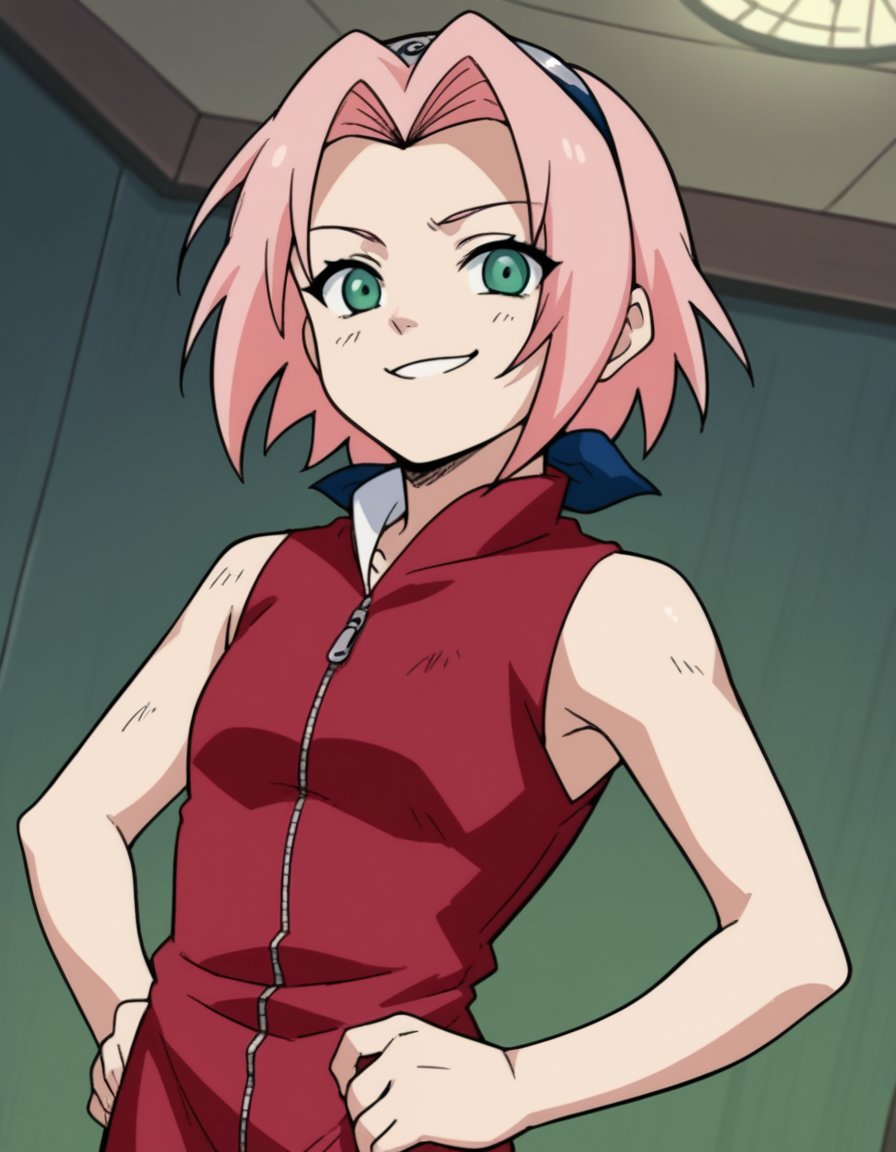 score_9, score_8_up, score_7_up, source_anime, <lora:sakura-haruno-s1-ponyxl-lora-nochekaiser:1>, sakura haruno, medium hair, green eyes, pink hair, parted bangs,, dress, red dress, bare shoulders, collarbone, sleeveless, sleeveless dress, zipper, zipper pull tab, forehead protector,, indoors, smug, smile, looking at viewer, solo, hands on hips,, cowboy shot, dutch angle