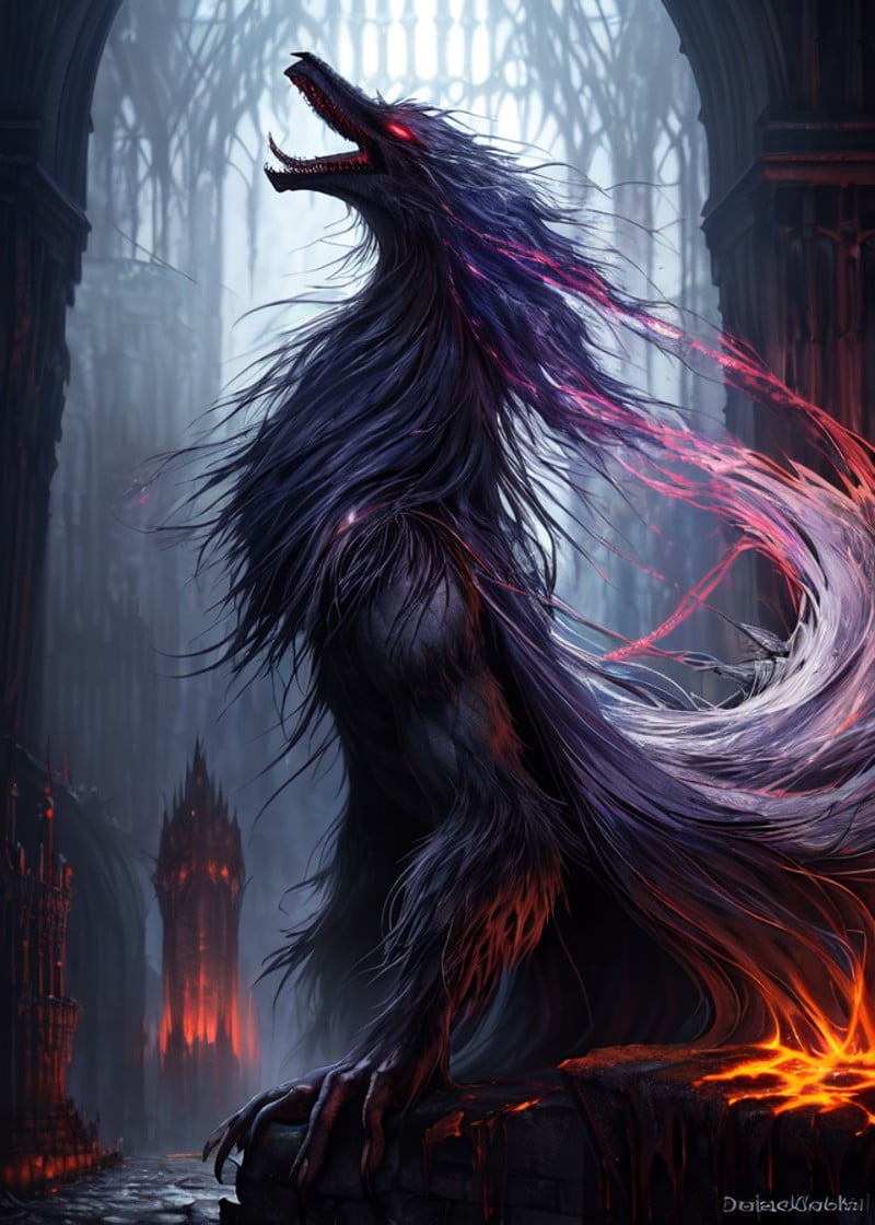 (by Darek Zabrocki, by Harry Clarke, by H.P. Lovecraft, by H. R. Giger),solo (feral:1.4) (((cleric beast \(bloodborne\)) white fur)),(three-quarter portrait, side view, looking at viewer, open mouth:1.25),(dungeon ruins:1.3), (lava, gothic church, fog, mist, glowing, sparkle, energy),BREAK,(detailed background, depth of field, half body shadow, ambient light on the body),masterpiece, best quality, 4k, 2k, sharp focus, (intricate:0.9), (high detail, shaded, realistic:1.25), absurd res