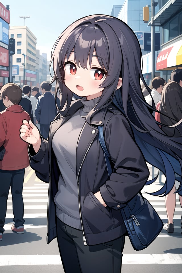 insanely detailed, absurdres, ultra-highres, ultra-detailed, best quality,1girl, solo, nice hands, perfect handsBREAKpea coat, turtleneck, straight pantsBREAK(nsfw:-1.5)BREAKexpressionless, open mouthBREAK,standing, cowboy shot, looking at viewerBREAKslender, kawaii, perfect symmetrical face, ultra cute girl, ultra cute face, ultra detailed eyes, ultra detailed hair, ultra cute, ultra beautifulBREAKshibuya, akihabara, tokyo, street, crowd, cityscape, depth of field, ultra detailed backgroundBREAKlarge breastsBREAKblack hair, red eyes, wavy hair,