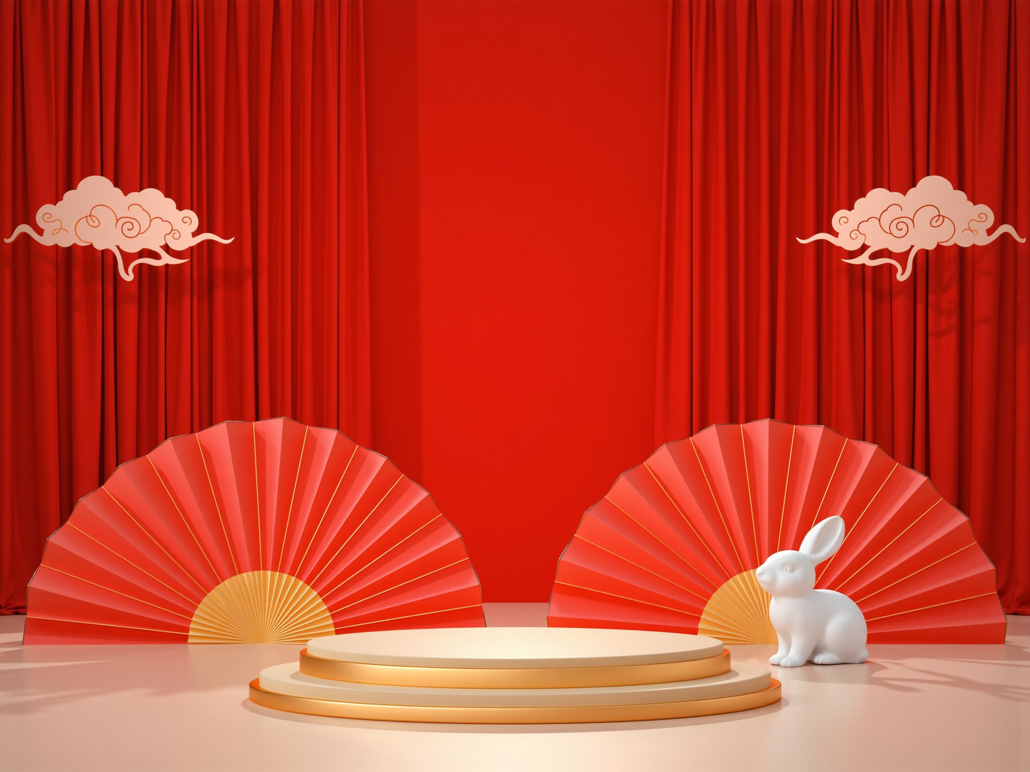 zhongqiu_booth, photograph, red stage backdrop, white rabbit statue, golden stage, red curtains, paper fans with clouds, serene and elegant atmosphere, soft lighting, focus on the stage, warm tones, cultural and cultural ambiance,a rabit on side,<lora:flux-zhongqiu-booth:0.8>