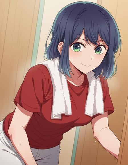 score_9, score_8_up, score_7_up, source_anime,akanekurokawa, <lora:akane-kurokawa-s1-ponyxl-lora-nochekaiser:1>,akane kurokawa, bangs, green eyes, blue hair, medium hair, dark blue hair,shirt, short sleeves, towel, t-shirt, red shirt, towel around neck, sweat pants, white towel,indoors, bent over, smile,looking at viewer, cowboy shot, dutch angle, solo,