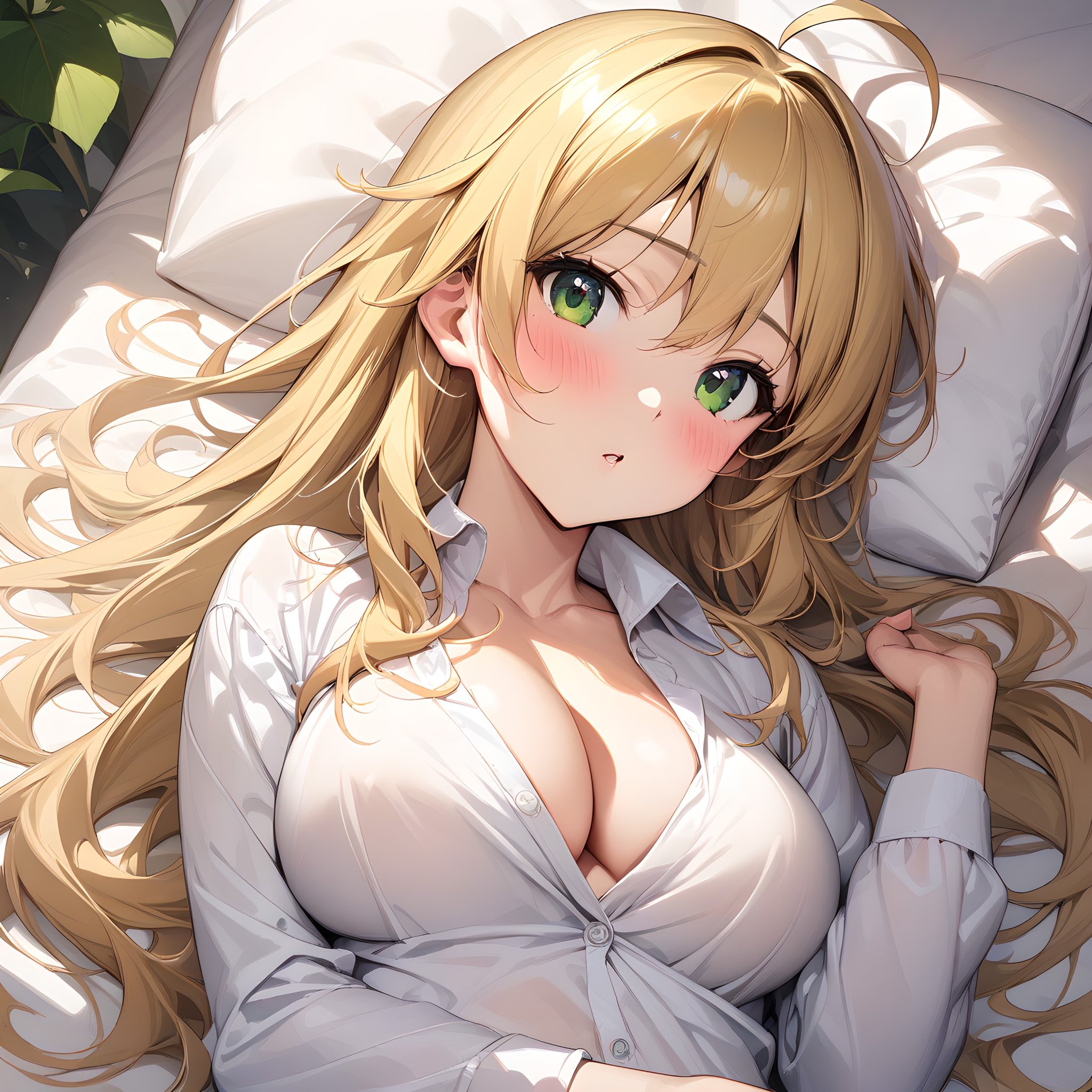 (masterpiece),(best quality),(ultra-detailed),(best illustration),(best shadow),(absurdres),(detailed background),(very aesthetic), hoshii_miki, hoshii_miki, 1girl, breasts, blonde hair, long hair, solo, cleavage, green eyes, blush, lying, looking at viewer, ahoge, shirt, white shirt, pillow, medium breasts<lora:Hoshii_Miki:1>