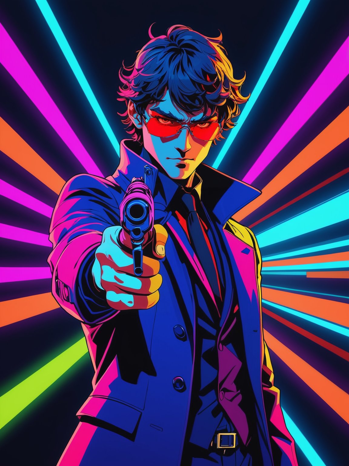 Persona V style, solo, one man pointing gun at viewer, highly detailed, quality, symmetrical, neon colors, 5 fingers only please, IT'S NOT FUCKING HARD