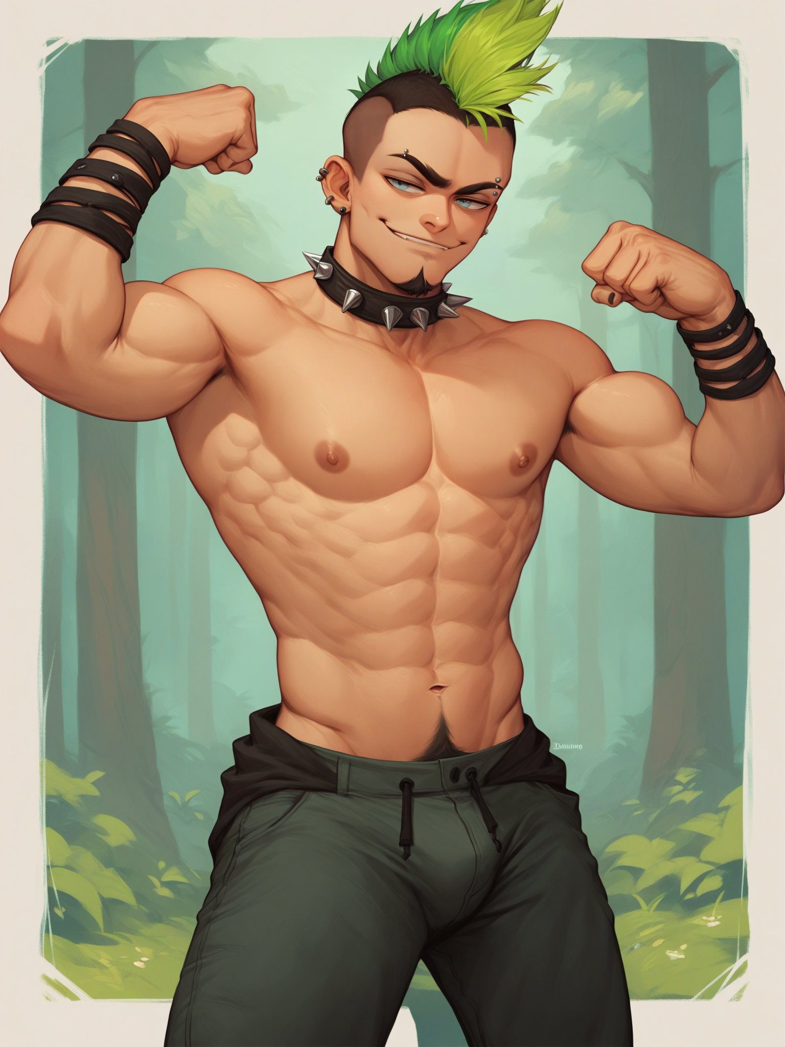 score_9, score_8_up, score_7_up, score_6_up, source_cartoon, Dunc@n man, mohawk, spiked choker, facial hair, eyebrow piercing, earrings, green hair, multicolored hair, shirtless, low pants, v-line, abs, flexing, smug smile, (forest background:1) <lora:Dunc@n-000003:1>